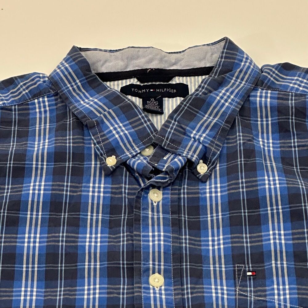 Tommy Hilfiger Men's Short Sleeve Button-Down Shirt Blue Plaid XL